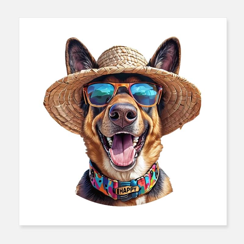 Deutscher Schäferhund mit Strohhut & Sonnenbrille - Poster 20x20 cm - Weiß