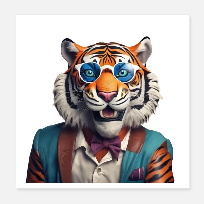 Anspruchsvoller Tiger mit blauer Sonnenbrille Poster 20x20 cm