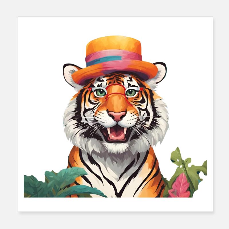 Whimsical Tiger with Sun Hat Poster 8" x 8" (20x20 cm)
