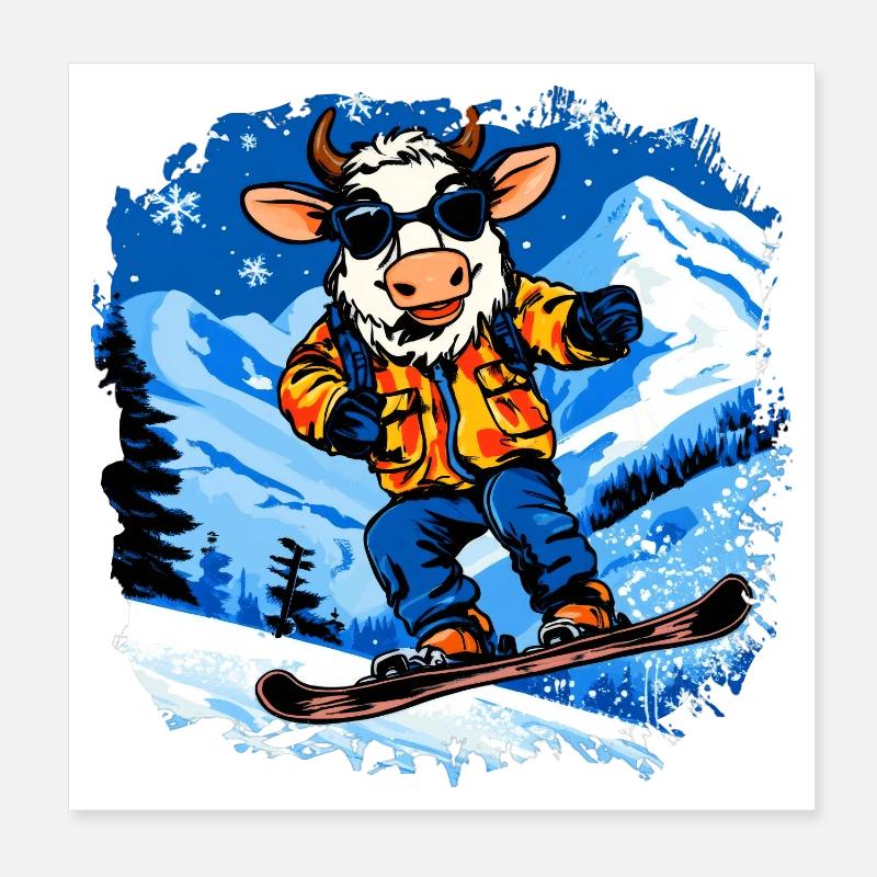 Cows Snowboard / Snowboarder Cow Poster 8" x 8" (20x20 cm)
