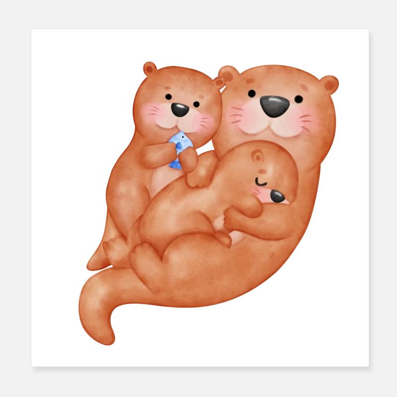 Famille de loutres mignonnes - Poster 20 x 20 cm - blanc