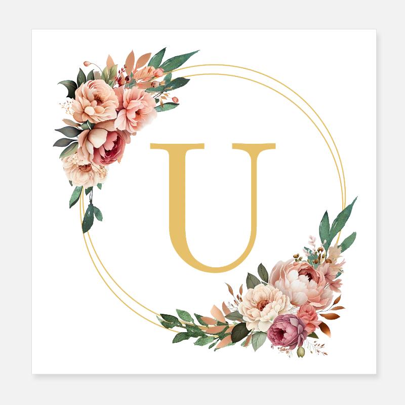 U Monogram, Couronne de fleurs, Personnalisable Poster 20 x 20 cm