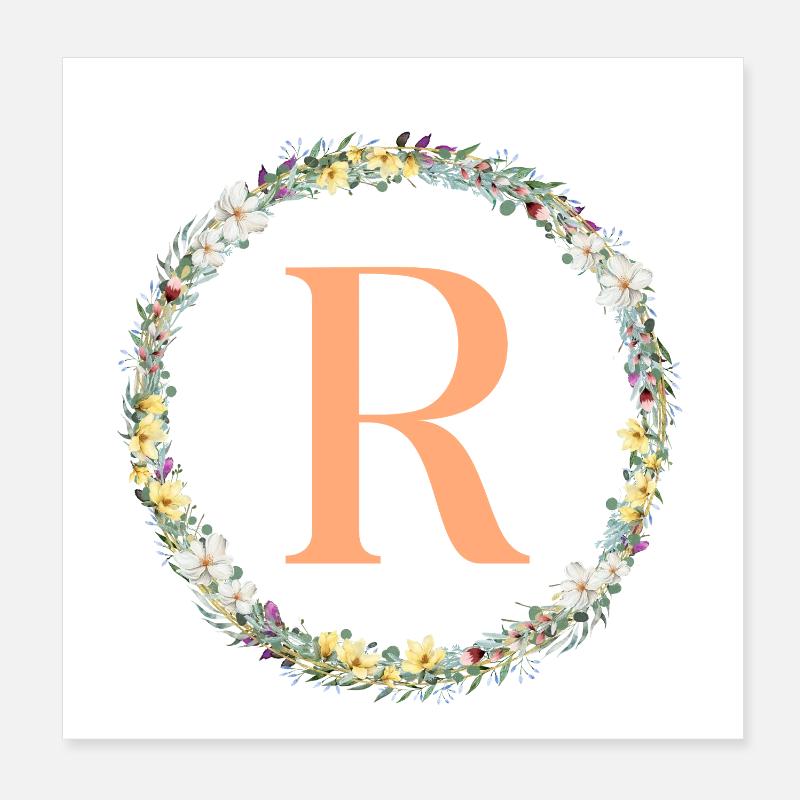 R Monogramm, Blumen-Kranz, personalisierbar Poster 20x20 cm