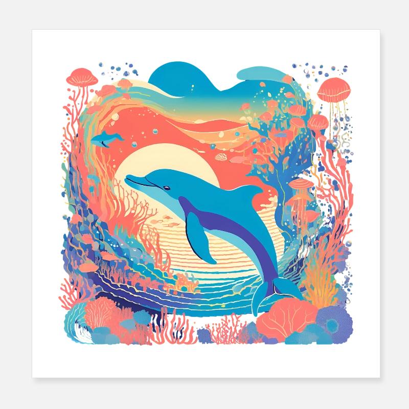 Underwater Rainbow Dolphin Poster 8" x 8" (20x20 cm)