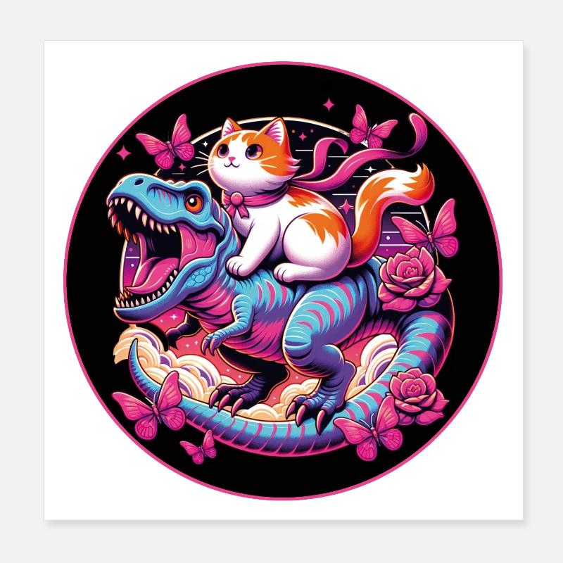 Petit chat monte dinosaure Dino Poster 20 x 20 cm