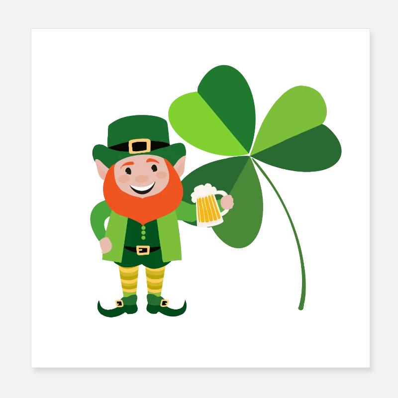 Leprechaun souriant devant un trèfle irlandais Poster 20 x 20 cm