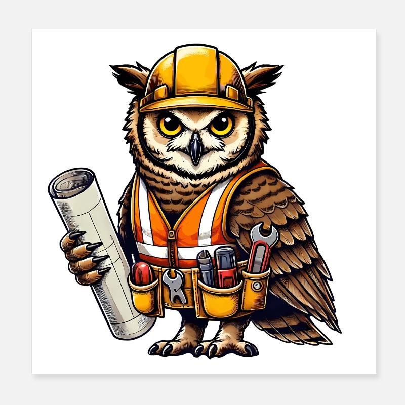 Bauarbeiter-Eule – Clever & Handwerklich! Poster 20x20 cm