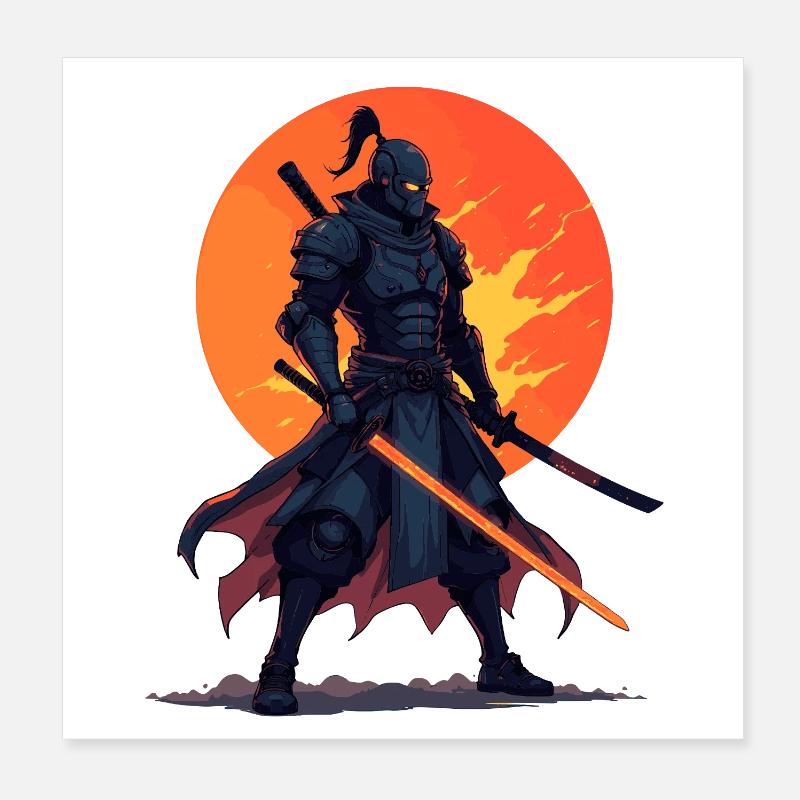 Dark Ninja Warrior with Fiery Blade Poster 8" x 8" (20x20 cm)