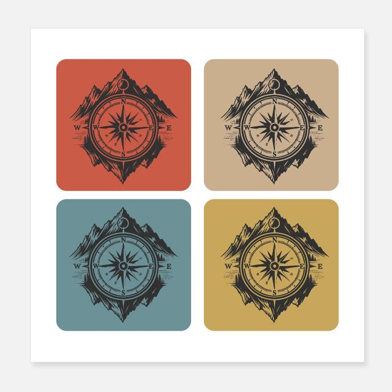 Compass & Mountains Vintage Design Poster 8" x 8" (20x20 cm)