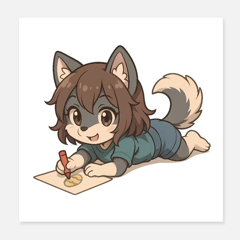 Chibi Wolf Pup – Drawing Wolf Child Motif Poster 8" x 8" (20x20 cm)