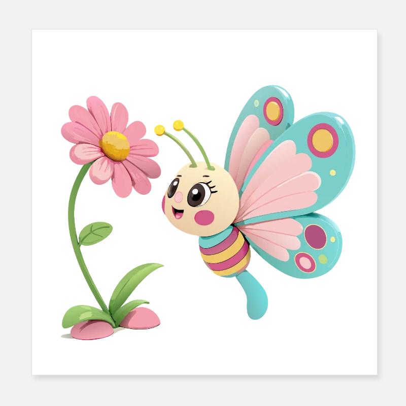 Papillon joyeux face à une fleur Poster 20 x 20 cm