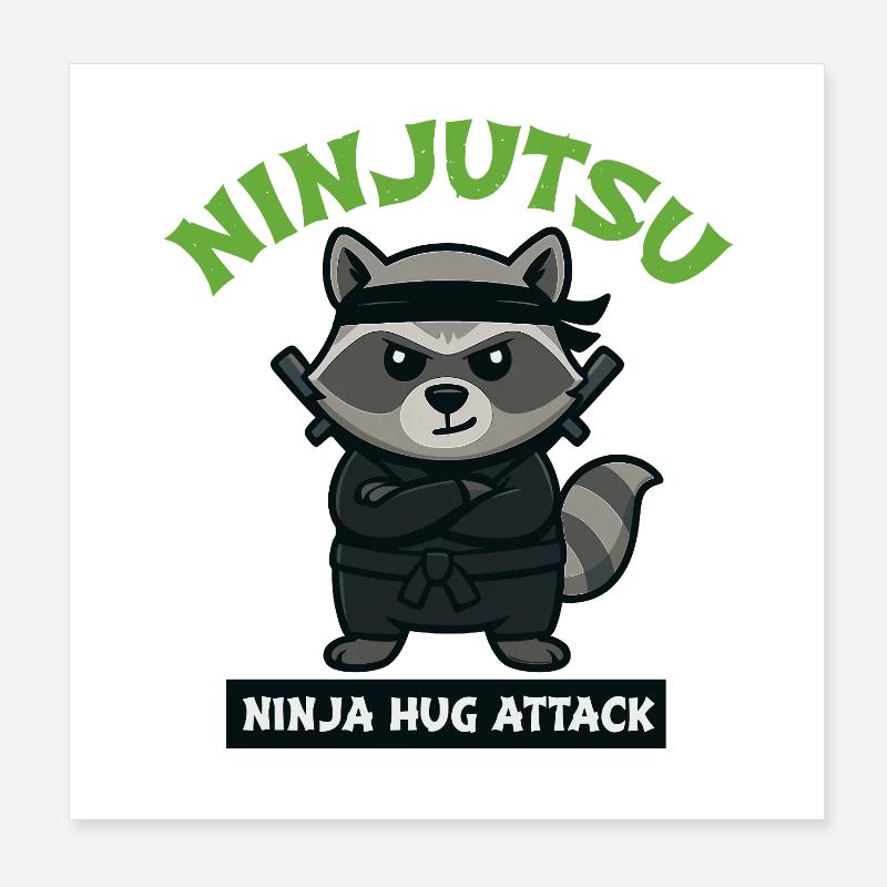 Raccoon Ninja Hug Attack Poster 8" x 8" (20x20 cm)