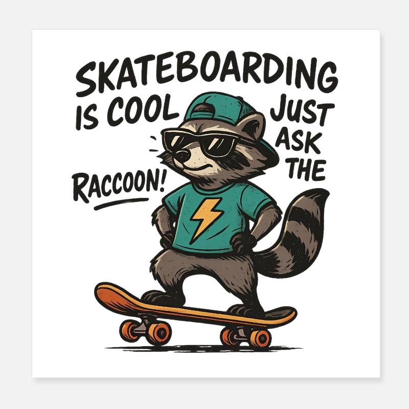 Raccoon Skate Lightning Stil - Poster 20x20 cm - Weiß