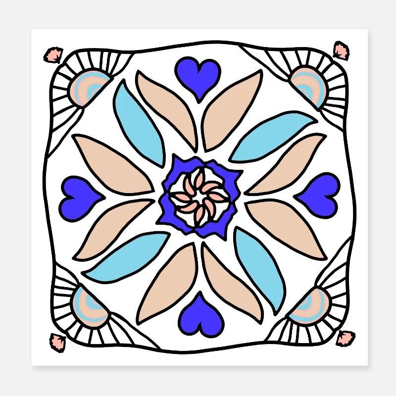 Mandala Cercle de Fleurs en Beige Bleu Poster 20 x 20 cm