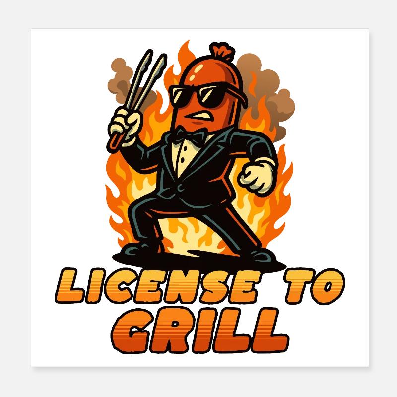 Licence to Grill Flaming Chef Poster 8" x 8" (20x20 cm)