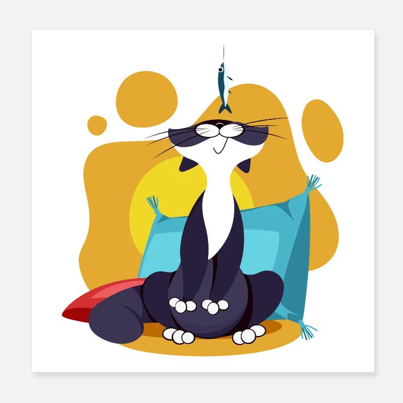 Cat Sniffing a Sardine Colorful Comic Comic Cartoon Poster 8" x 8" (20x20 cm)