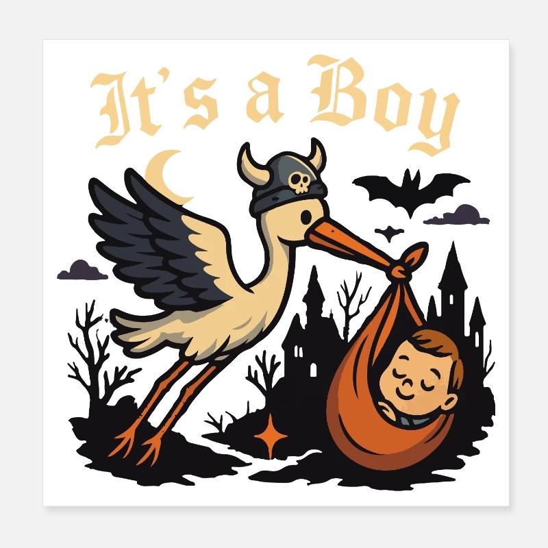 Cigogne gothique avec bébé – « It’s a Boy » Poster 20 x 20 cm