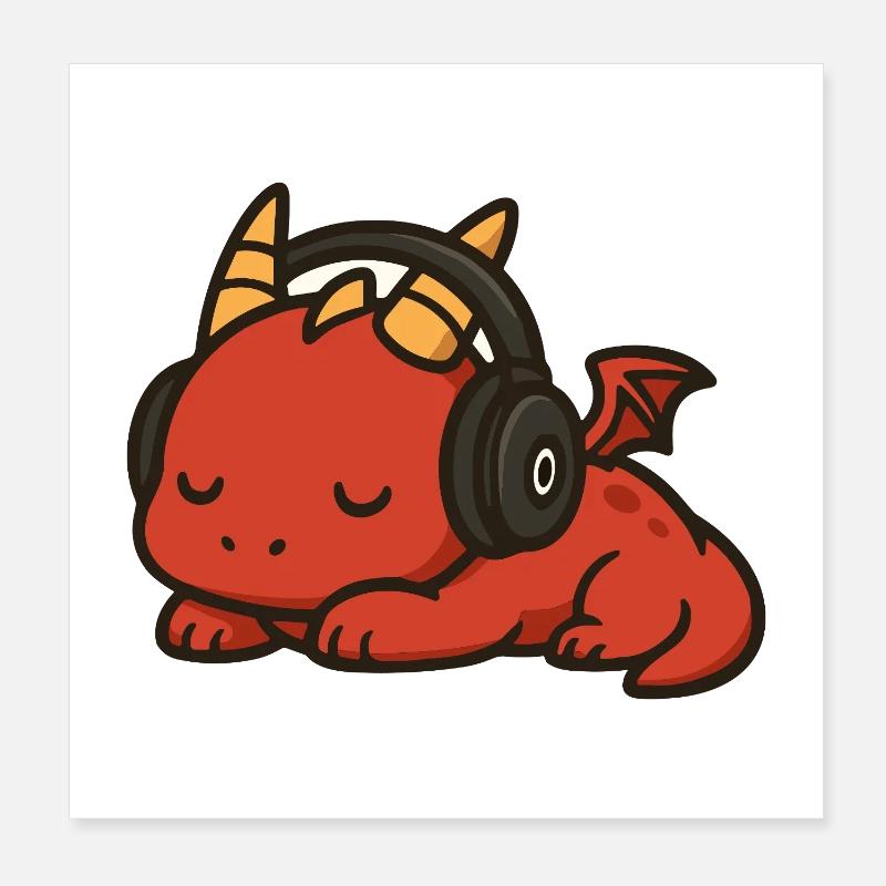 Dessin animé mignon dragon rouge dormant avec des écouteurs Poster 20 x 20 cm