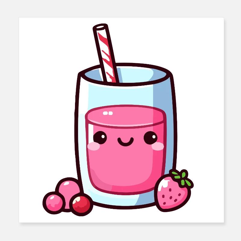 Kawaii Pink Fruit Juice Illustration Poster 8" x 8" (20x20 cm)