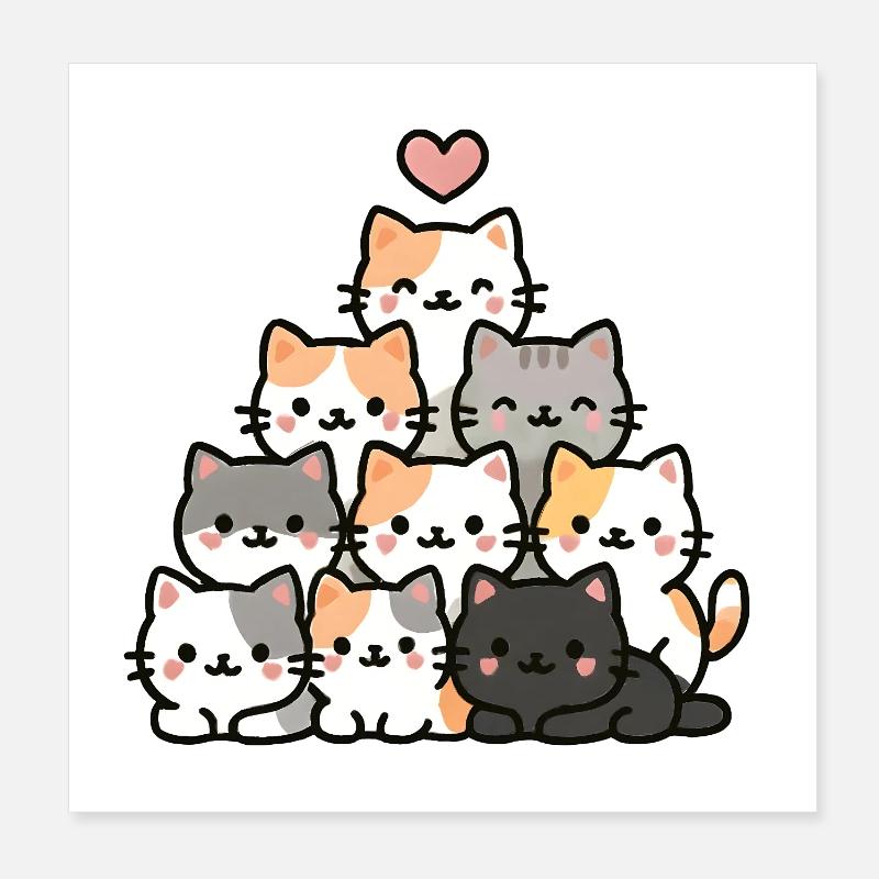 Pyramide de chat kawaii avec coeur - Chat de dessin animé mignon Poster 20 x 20 cm
