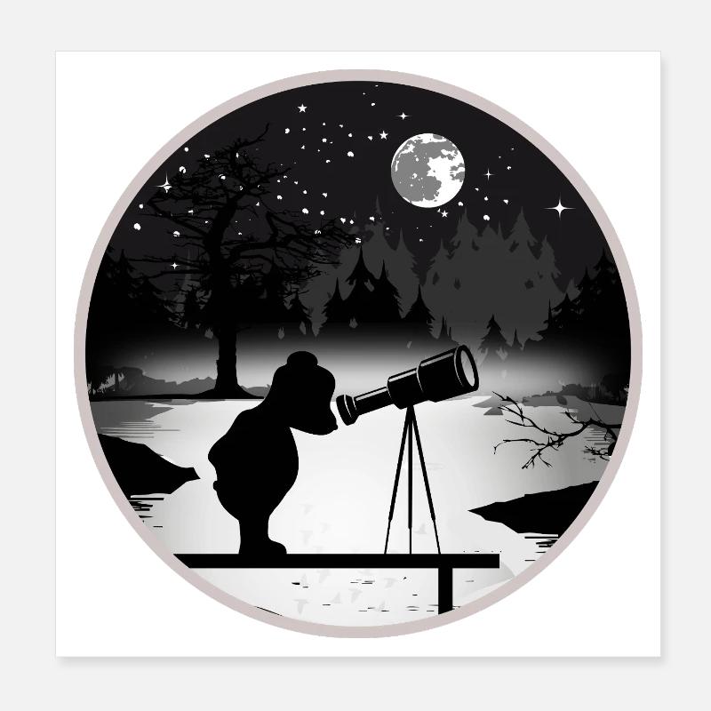 Ours avec télescope sous le ciel étoilé Poster 20 x 20 cm