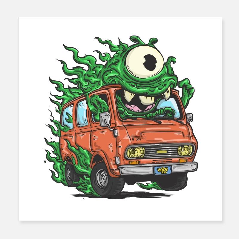 Monstre vert dans un fourgon rétro Poster 20 x 20 cm