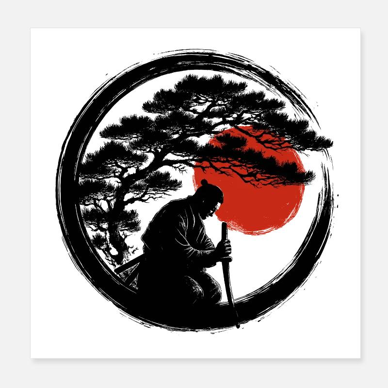 Enso Samurai Meditation mit roter Sonne Poster 20x20 cm