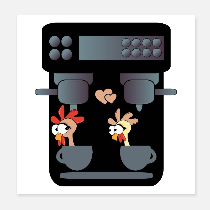 DRÔLE DE POULETS CAFETIÈRE CAFÉ Poster 20 x 20 cm