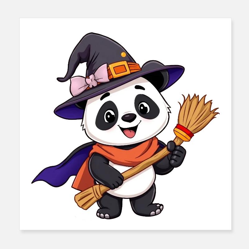 Cute witchy Halloween Panda with Broom Poster 8" x 8" (20x20 cm)