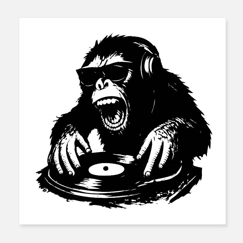 Wild DJ monkey sur platine vinyle Poster 20 x 20 cm