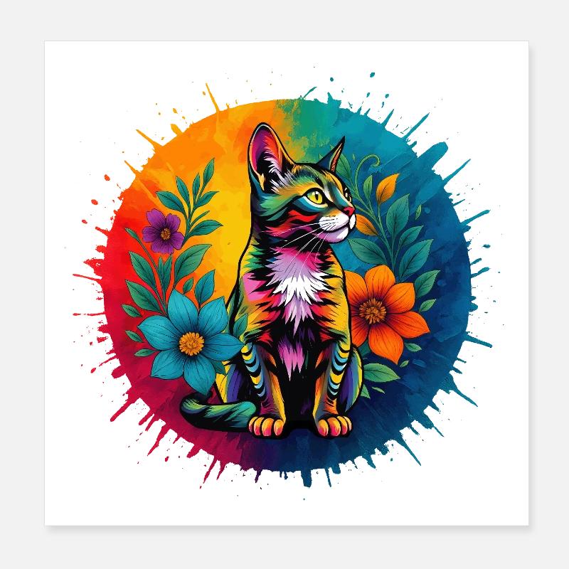 Chat décoratif coloré avec des fleurs Poster 20 x 20 cm