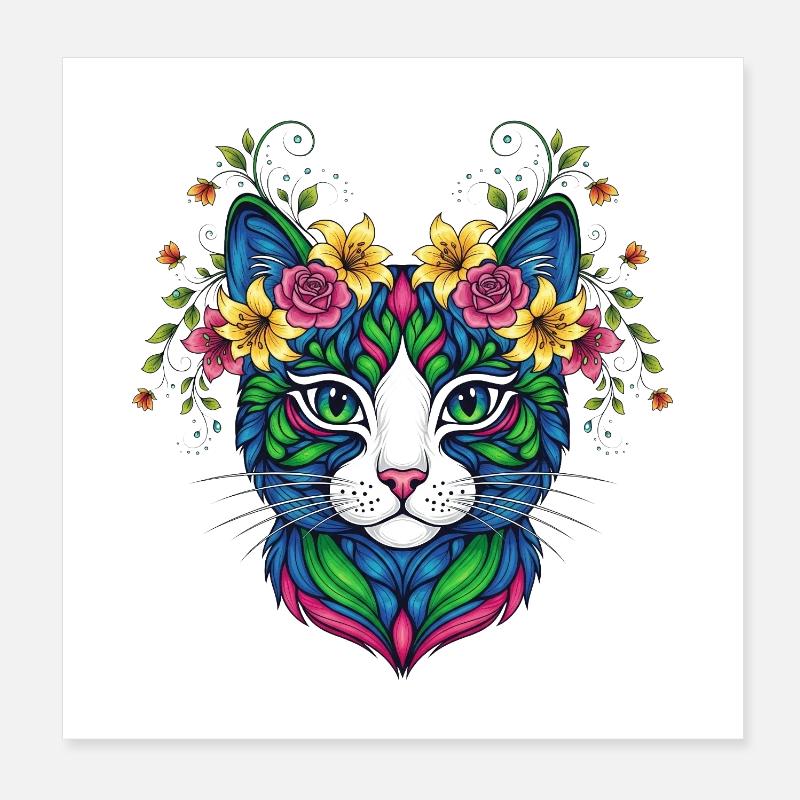 Chat avec des fleurs Poster 20 x 20 cm