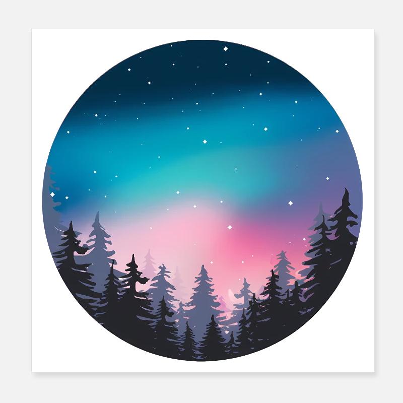 Night Sky Aurora Forest Landscape Poster 8" x 8" (20x20 cm)