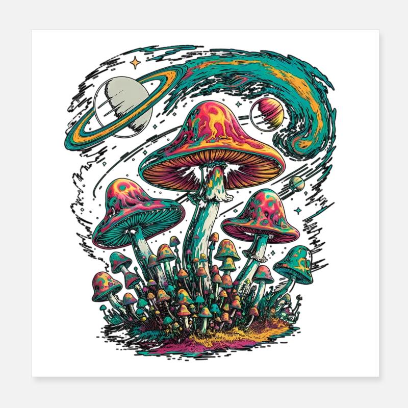 Champignons Cosmiques Psychédéliques Oeuvre Poster 20 x 20 cm