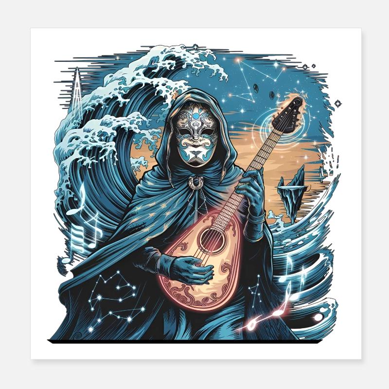 Mystic Ocean Wave with Ghostly Musician Poster 8" x 8" (20x20 cm)