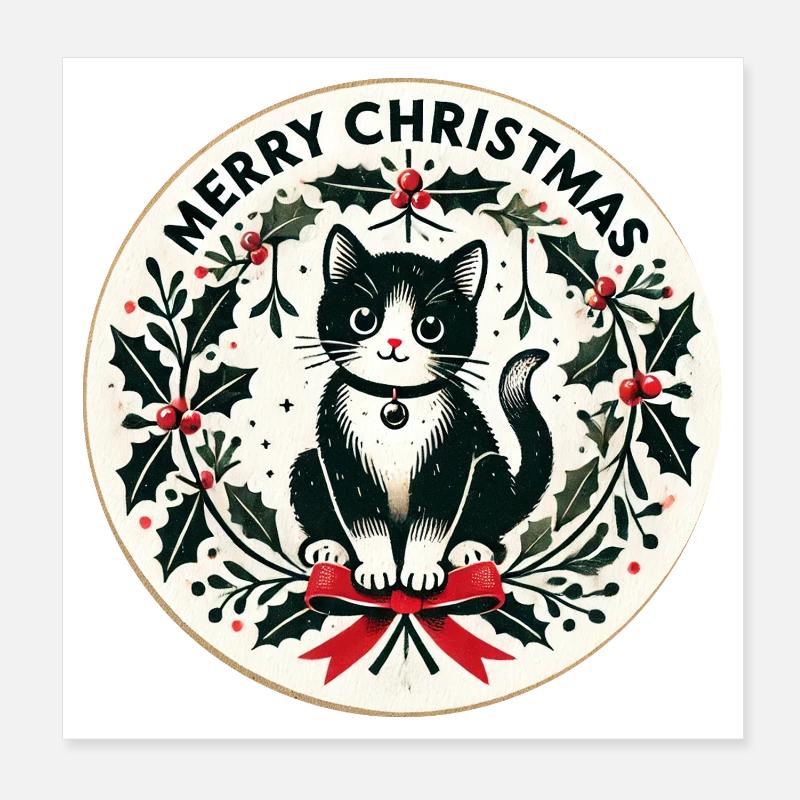 Couronne de houx festive en forme de chat noir Poster 20 x 20 cm