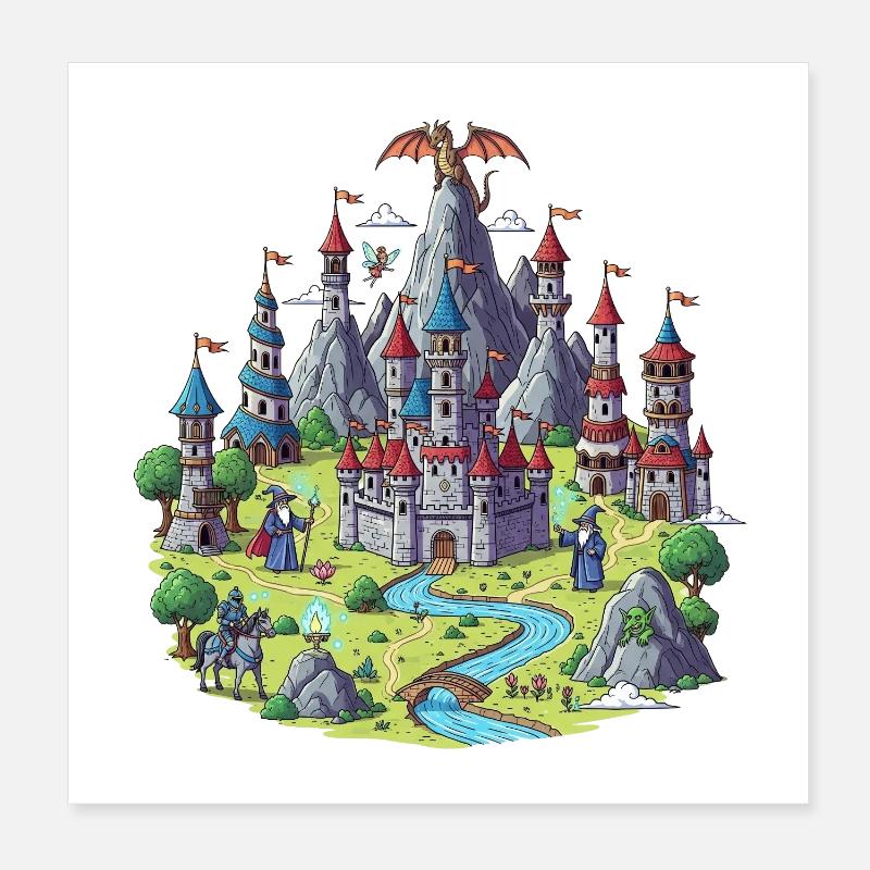 Medieval Magic Castle Illustration Poster 8" x 8" (20x20 cm)