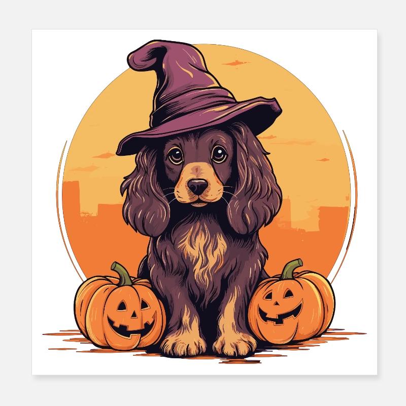 Halloween Witch Hat Pumpkin Dog Cocker Spaniel Poster 8" x 8" (20x20 cm)