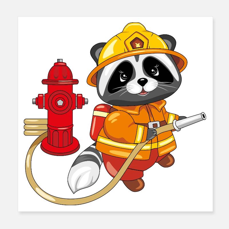 Mignon raton laveur pompier avec une bouche d’incendie Poster 20 x 20 cm