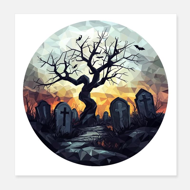 Spukiger Friedhof mit knorrigem Baum Poster 20x20 cm