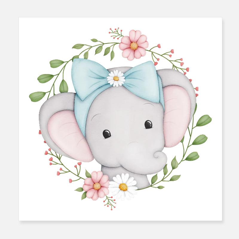 petit éléphant mignon dans une couronne de fleurs Poster 20 x 20 cm