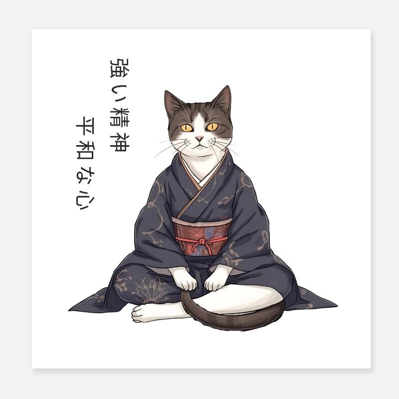 Modern Anime Cat in Kimono – Zen Meditation Poster 8" x 8" (20x20 cm)