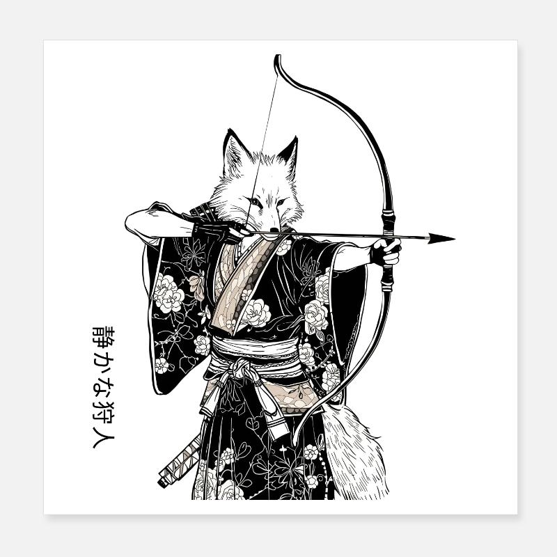 Samurai Fuchs mit Bogen – Ukiyo-e Japan Art Poster 20x20 cm