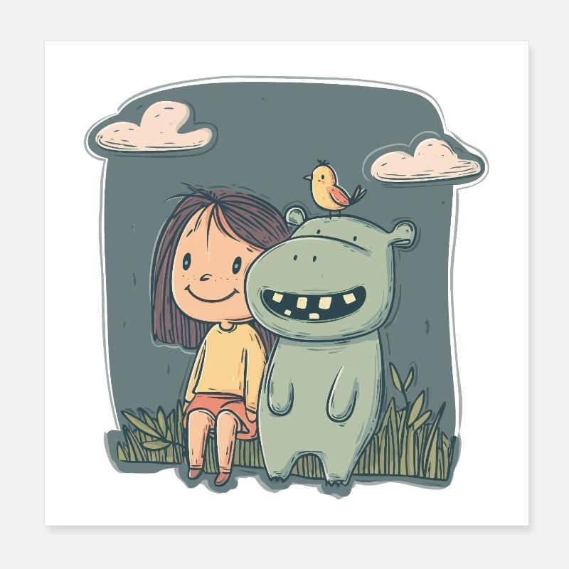 Mädchen und Nilpferd Freundschaft Poster 20x20 cm