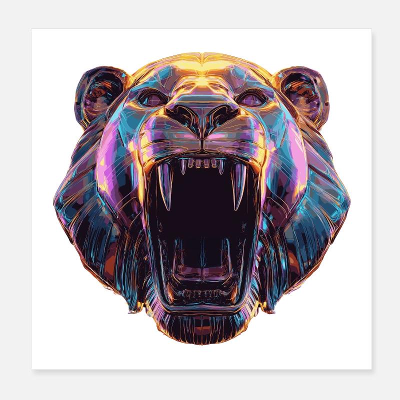 Neon Lion Head Art Design Poster 8" x 8" (20x20 cm)