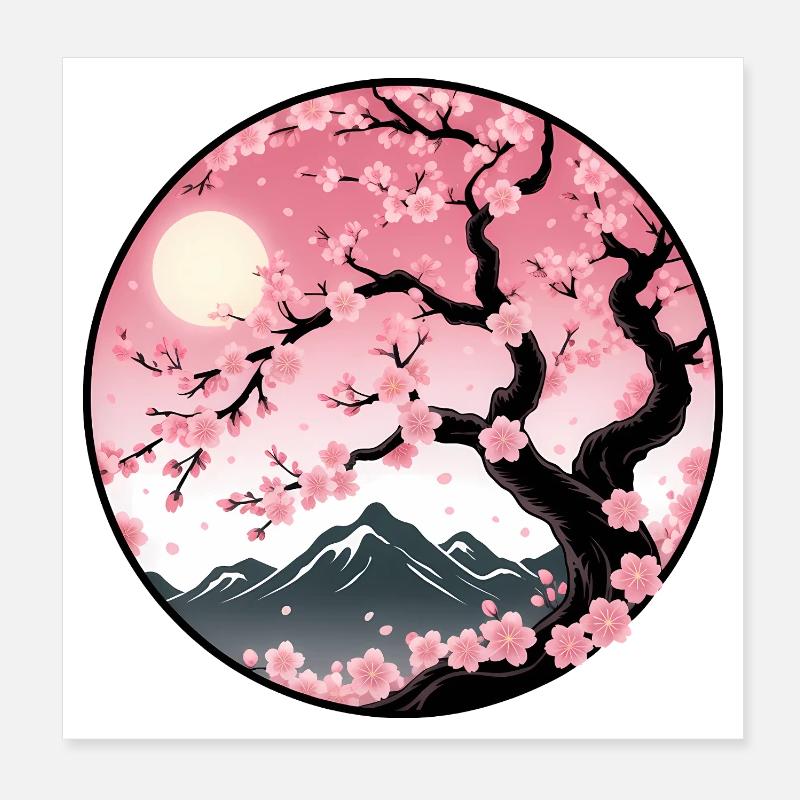 Cherry Blossom Mountain Landscape Poster 8" x 8" (20x20 cm)