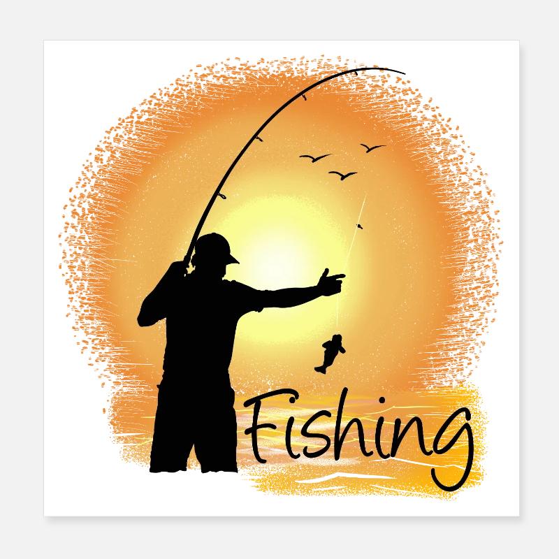 Pêche en soirée avec silhouette de coucher de soleil Poster 20 x 20 cm