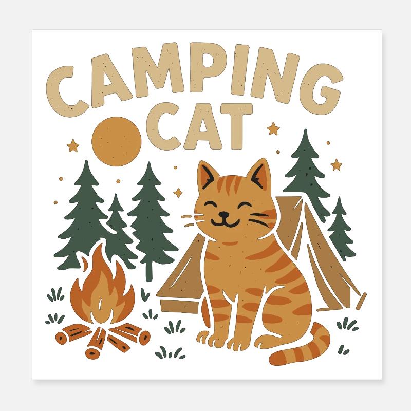 Chat de camping avec tente et feu de camp Poster 20 x 20 cm