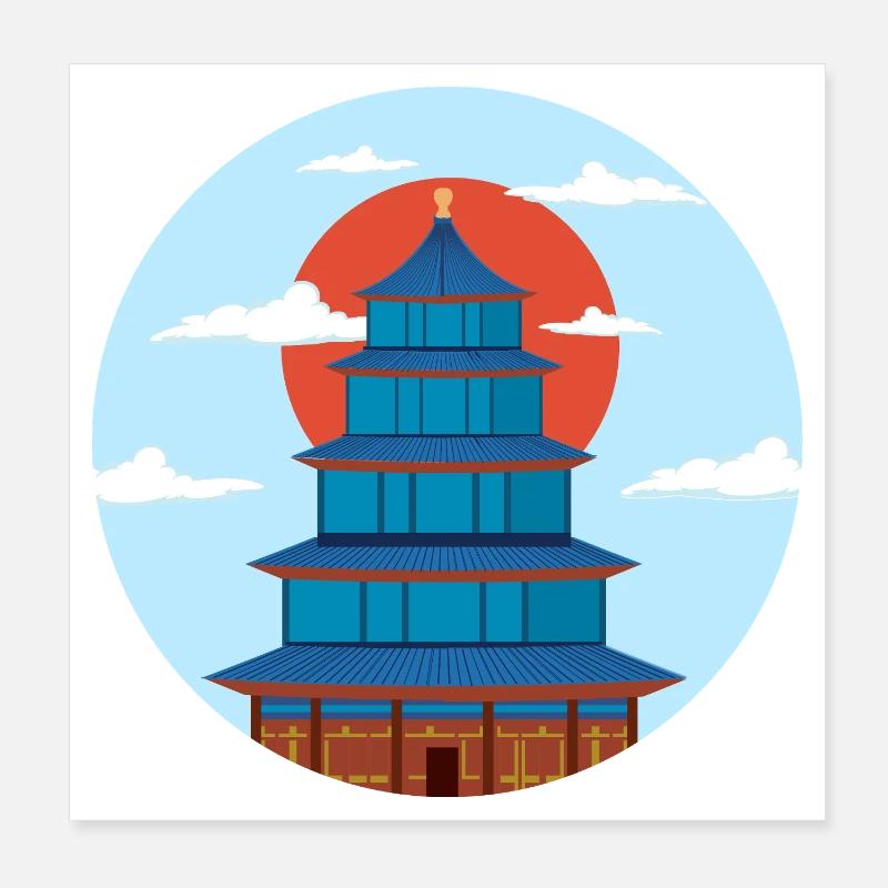 Pagode Traditionnel Bleu et Orange Poster 20 x 20 cm