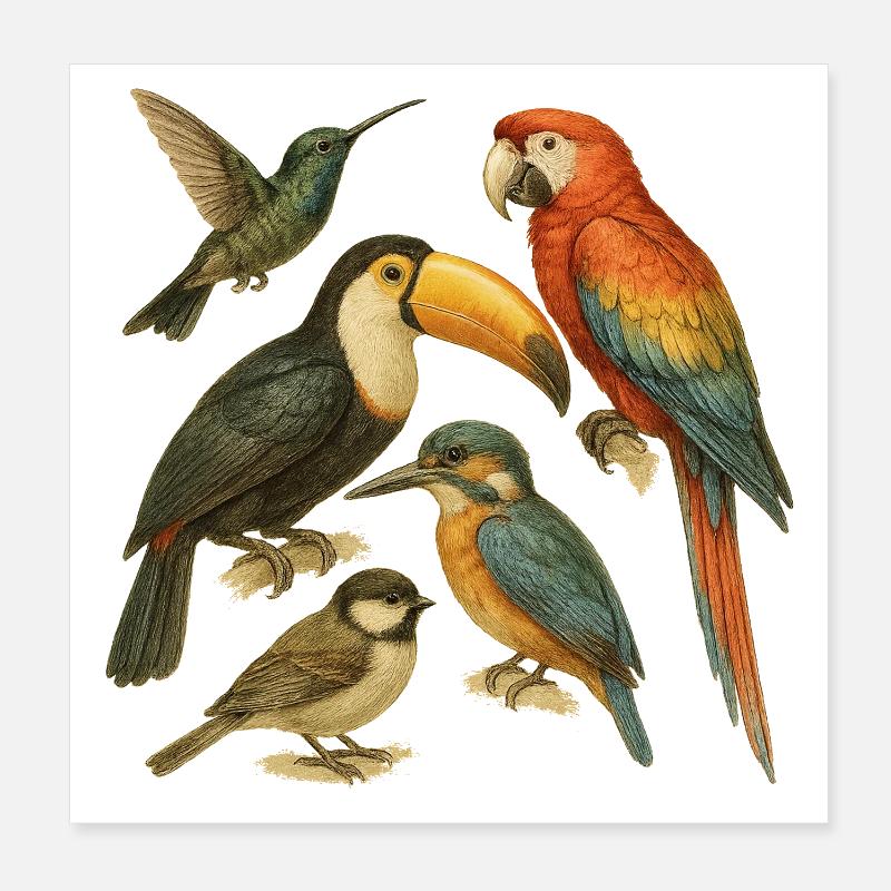 Farbenfrohe Illustration exotischer Vögel Poster 20x20 cm